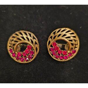 Vintage Mid-Century Gold-Tone Clip-On Earrings Red Rhinestones Circular Design
